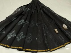 Pure black hand block printed Chanderi silk saree