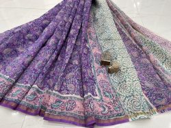 Purple Gad hand block printed Chanderi silk saree