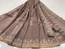Tan brown hand block printed Chanderi silk saree