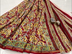 Yellow and maroon gad hand block printed Chanderi silk saree