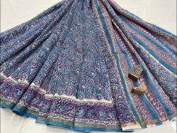 Cobalt blue Jaal hand block printed Chanderi silk saree