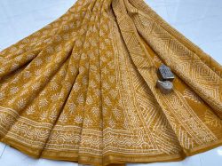Copper brown hand block printed Chanderi silk saree