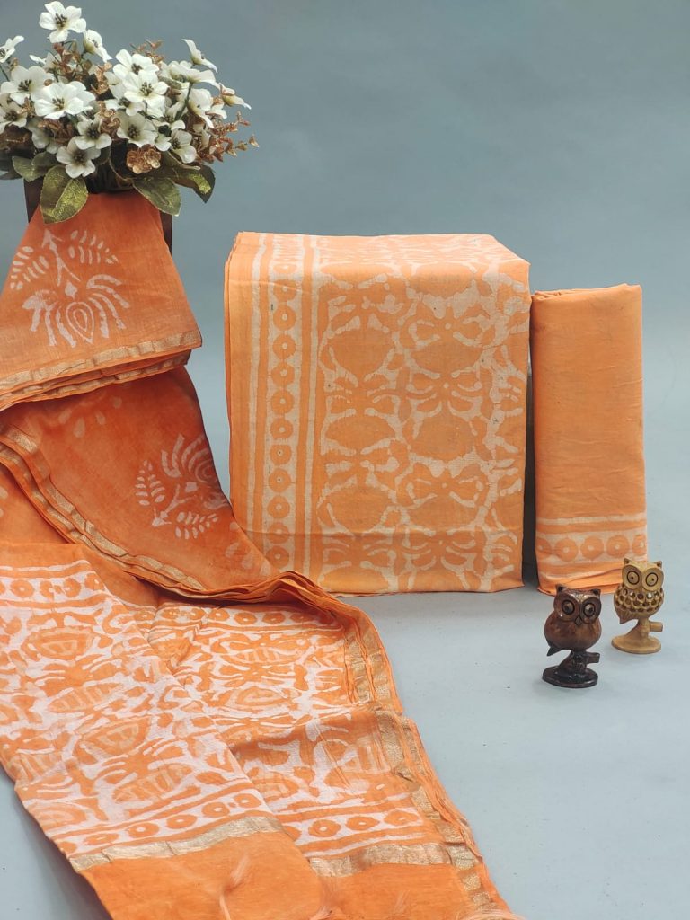 Orange dabu print cotton suit with chanderi cotton dupatta