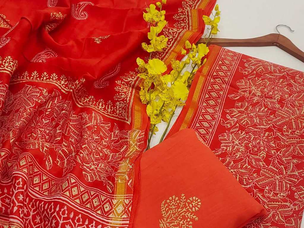Scarlet orange gold foil hand block printed chanderi silk suit