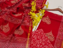 Pure red color gold foil hand block printed chanderi silk suit