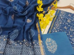 Sapphire blue gold foil hand block printed chanderi silk suit