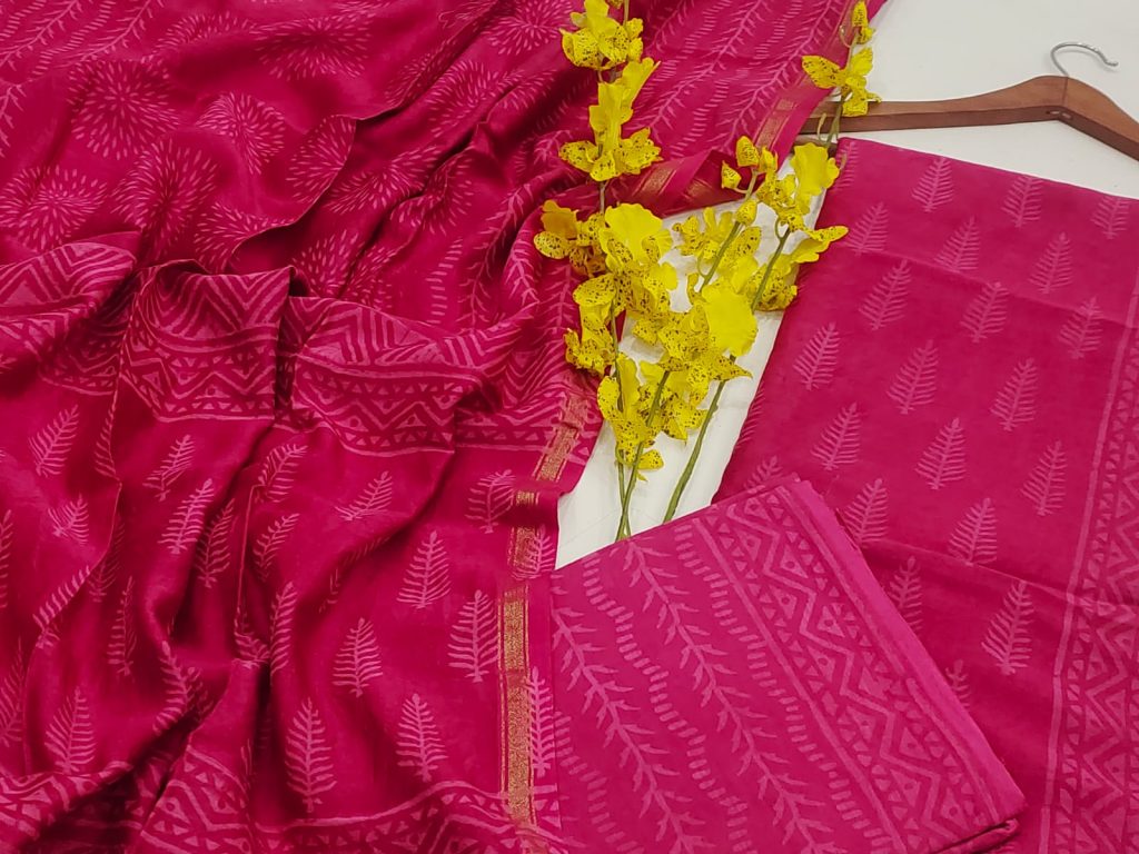 Rose pink discharge color hand block printed chanderi silk suit