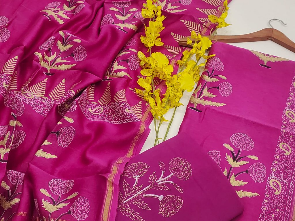 Mgenta pink gold foil hand block printed chanderi silk suit