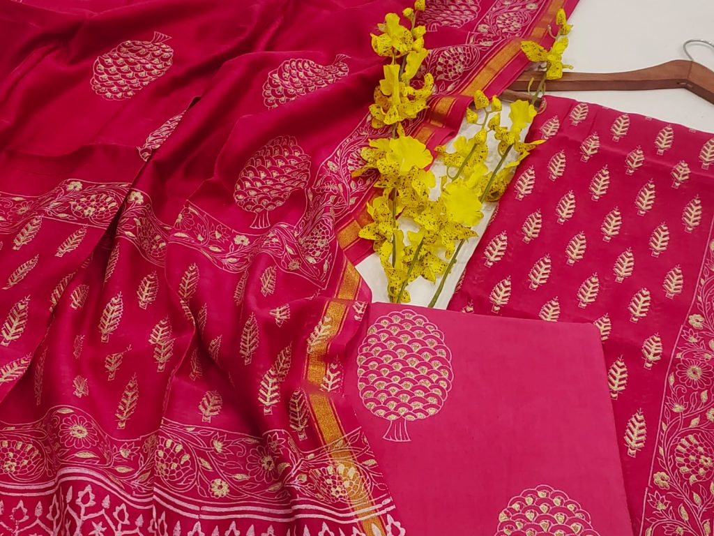 Rose pink foil gold hand block printed chanderi silk suit