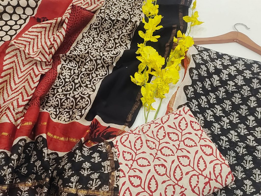 Jaipuri bagru hand block printed black red chanderi silk suit
