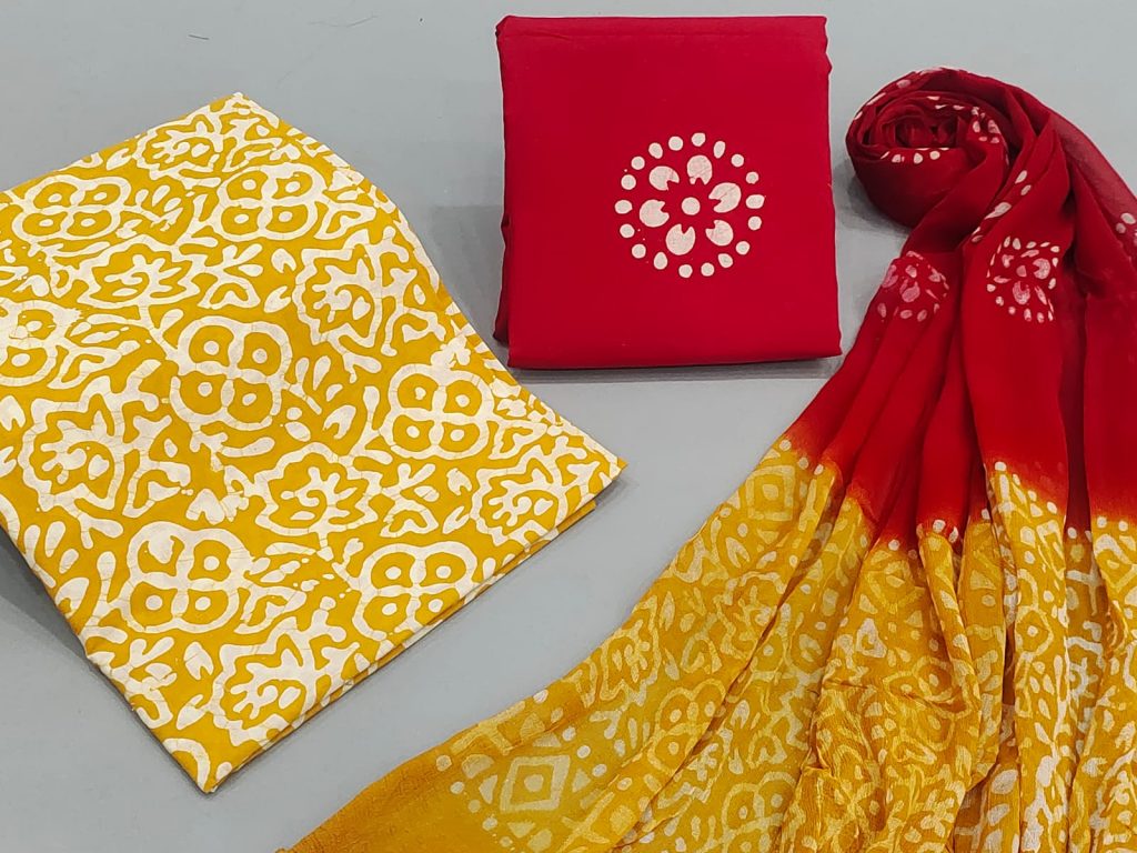 Yellow and maroon batik print cotton suit with chiffon dupatta