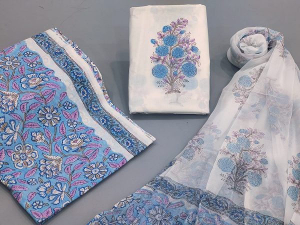 Baby blue and white mugal print cotton suit with chiffon dupatta
