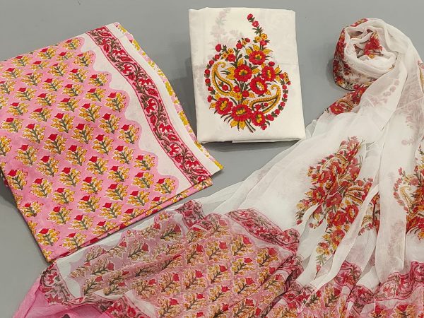 Pink mugal print cotton suit with chiffon dupatta