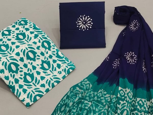 Prussian blue and teal batik print cotton suit with chiffon dupatta