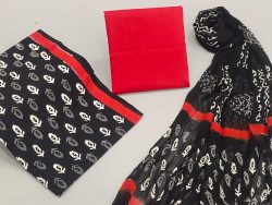 Red and black cotton suit with chiffon dupatta