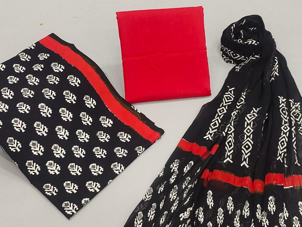 Red and black print cotton suit with chiffon dupatta