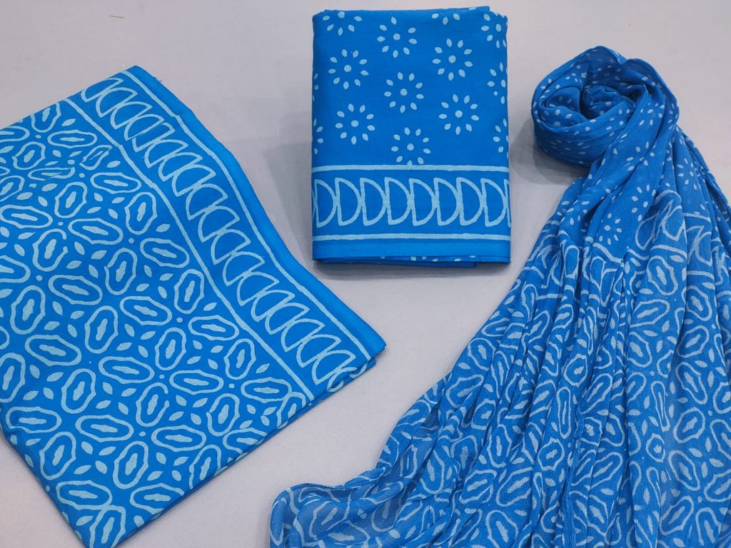Sapphire blue printed cotton suit with chiffon dupatta