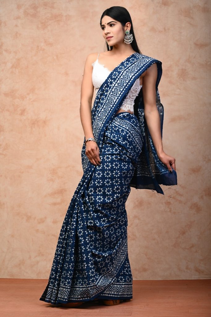 Blue cotton saree with blouse
