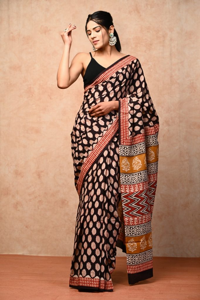 Black browny cotton saree with blouse