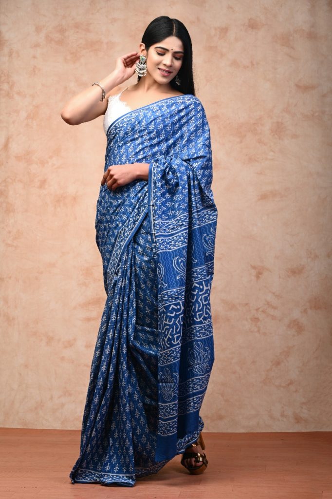 Cobalt blue cotton saree with blouse