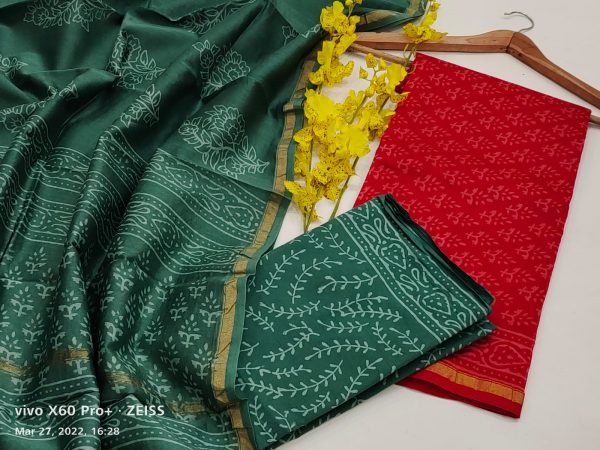 Jade green and Crimson red printed Chanderi silk suit