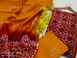 Orange red jaipuri printed Chanderi silk suit