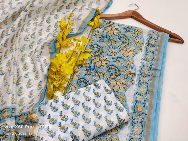Blue white pigment printed Chanderi silk suit