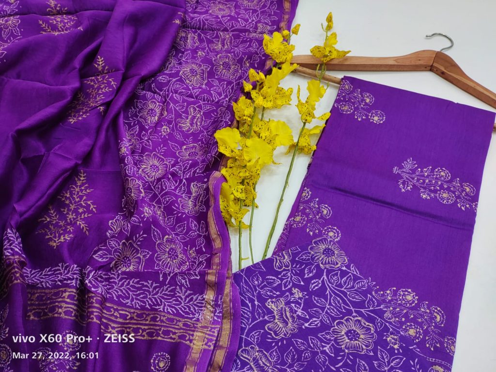 Discharge violet color gold printed Chanderi silk suit