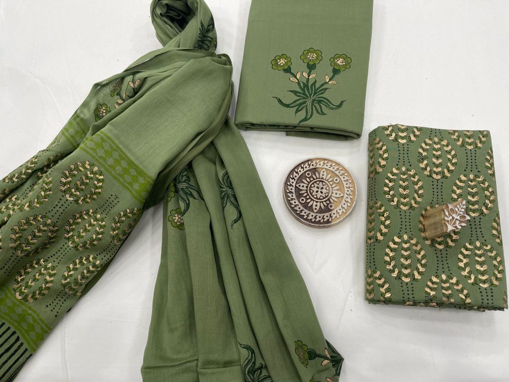 Dark Olive green cotton suit with mul dupatta