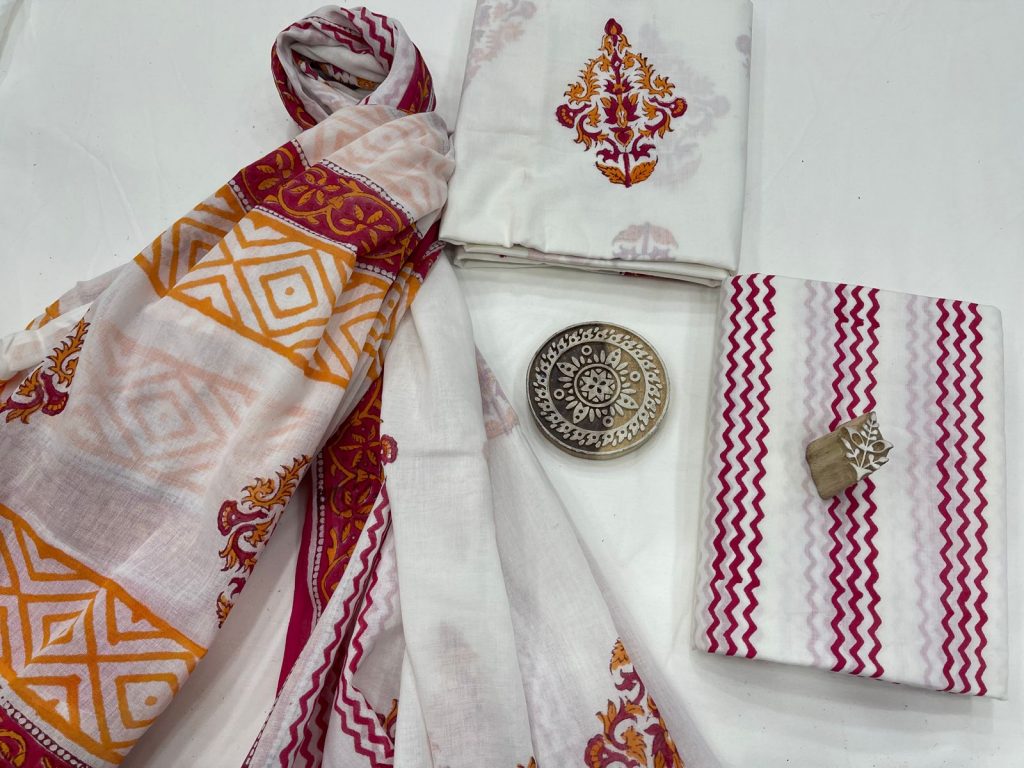 White mugal print cotton suit with mul dupatta