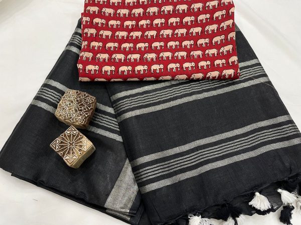 Black linen Saree with printed blouse