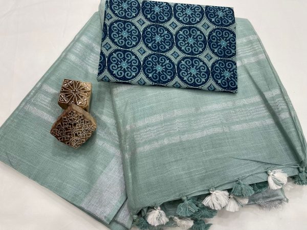 Olive green linen Saree with printed blouse
