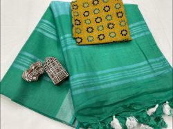 Jungle green linen Saree with printed blouse