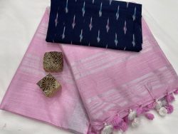 Pink linen Saree with printed blouse
