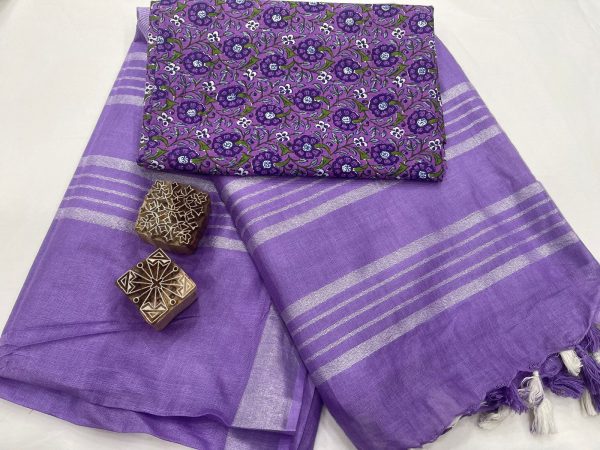 Purple linen Saree with printed blouse