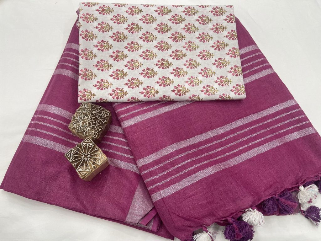 Red plum linen Saree with printed blouse