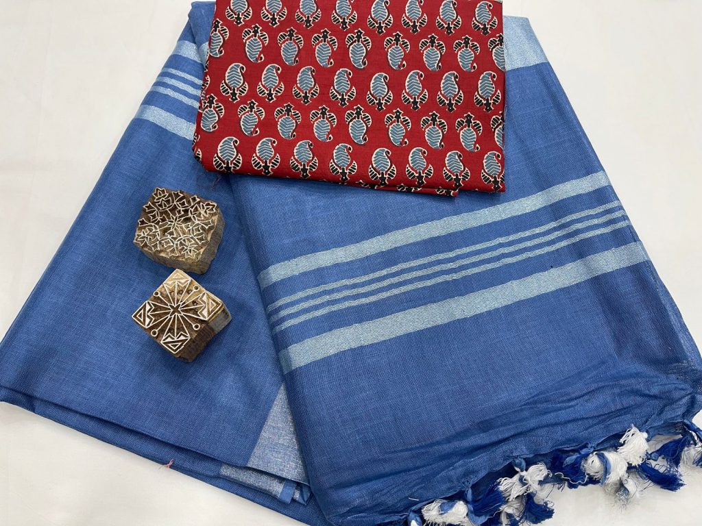 Sapphire blue linen Saree with printed blouse