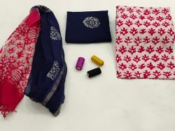 Dark blue and red batik print cotton suit with kota doriya dupatta