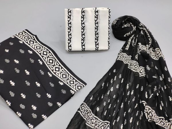 Black and white bagru print cotton suit with chiffon dupatta