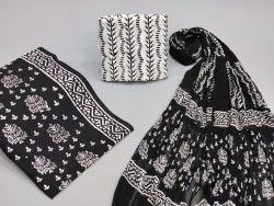 Black and white jaipuri print cotton suit with chiffon dupatta