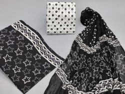 Black and white sanganeri print cotton suit with chiffon dupatta