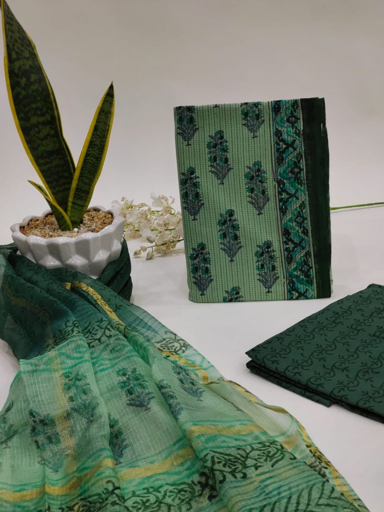 Green kantha suit with kota silk dupatta