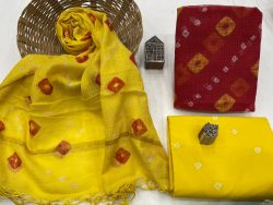 Sangria red and yellow jaipuri printed kota doriya suit