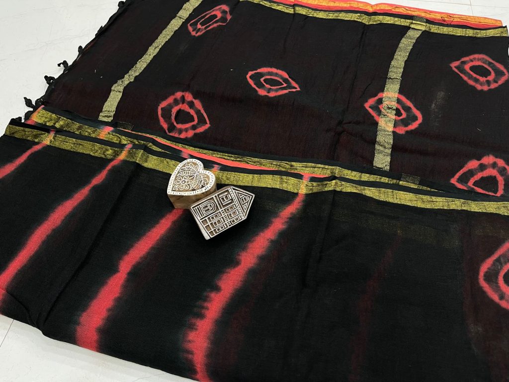 Black shibori print linen saree with blouse