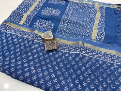 Blue bagru print linen saree with blouse