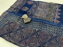 Indigo blue jaipuri print linen saree with blouse