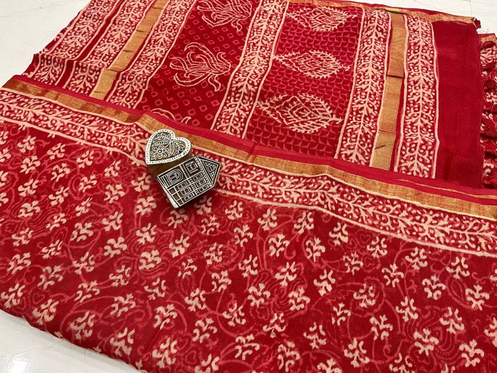Red bagru print linen saree with blouse