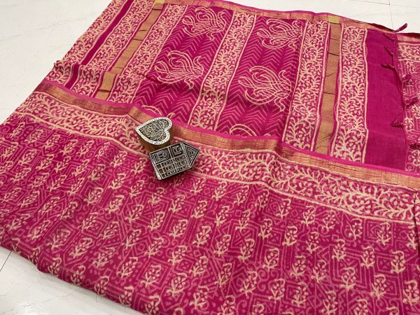 Ruby pink sanganeri print linen saree with blouse