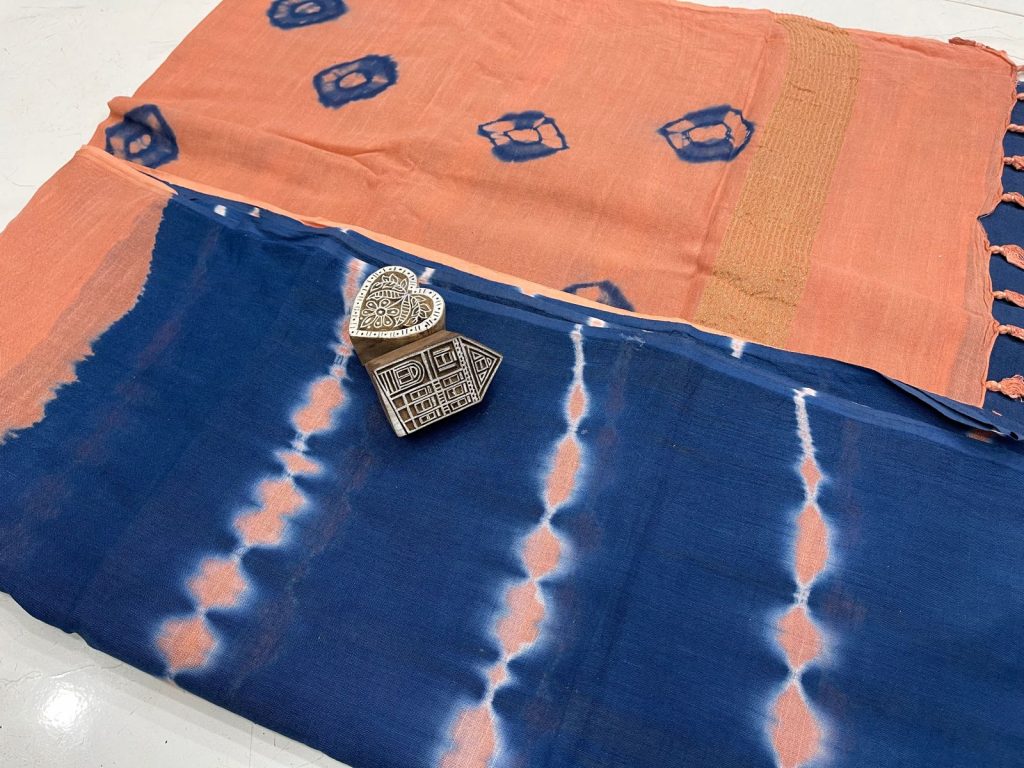 Salmon orange and Persian blue shibori print linen saree with blouse