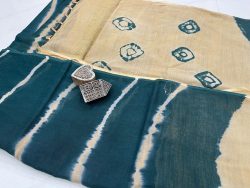 Tan and dark blue gray shibori print linen saree with blouse